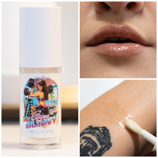 Lip balm with a colorful label featuring a cartoon character, applied to lips and skin.