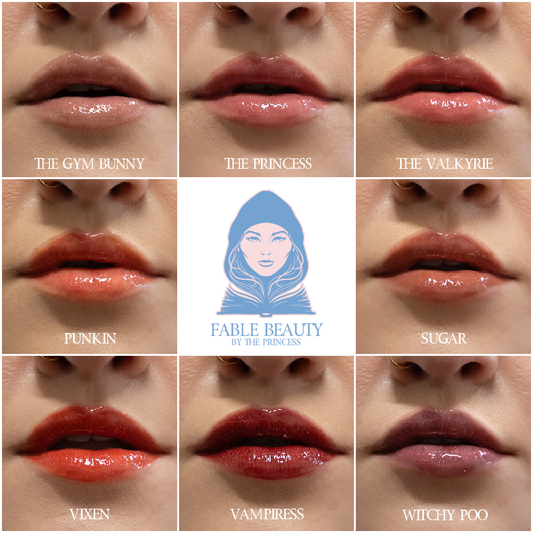 Collage of lips with different shades and a Fable Beauty logo in the center.