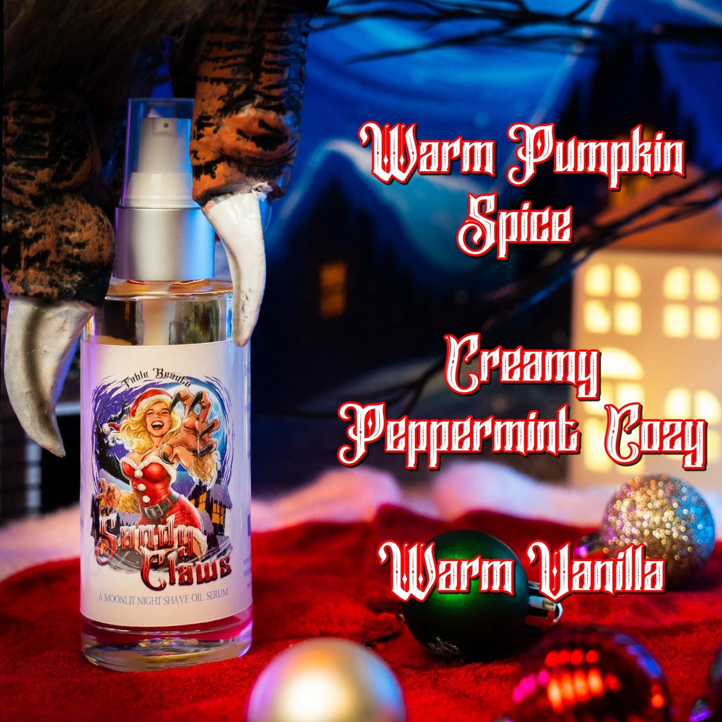 Sandy Claws - Shave Oil Serum - Warm Pumpkin Spice, Creamy Peppermint, Cozy Warm Vanilla