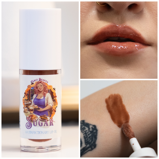 Collage of a lip oil bottle labeled 'Sugar', a close-up of lips, and a swatch on skin.