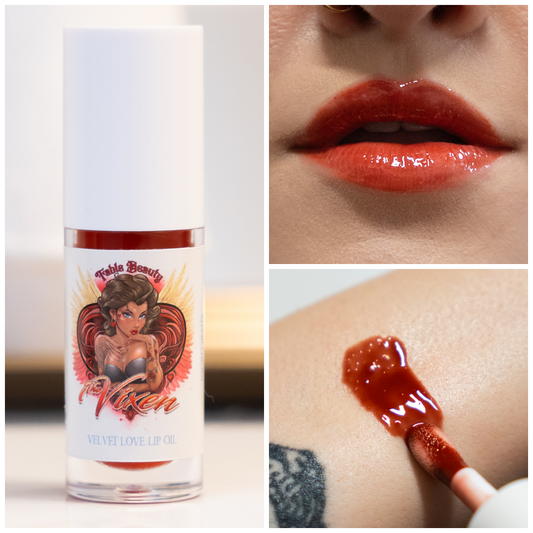 Collage of a beauty product bottle, close-up of lips with product, and product on skin.