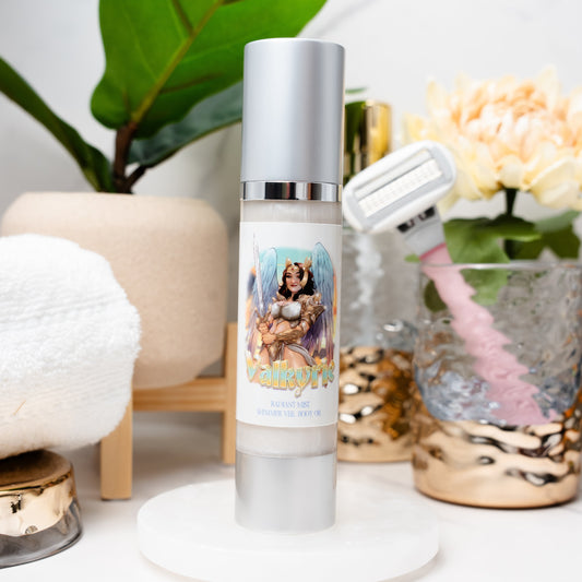 The Valkyrie Shimmer Veil body oil bottle