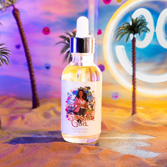 Gossip Girl Hair Oil Elixir bottle in blood orange, coconut sugar and peony scent