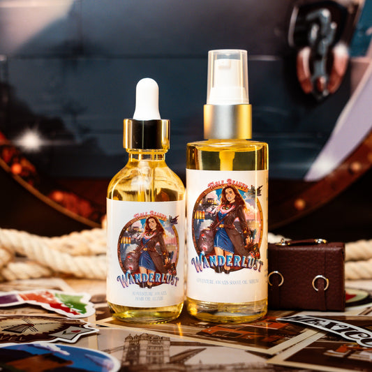 Wanderlust Razor & Radiance Duo: 2 oz hair oil elixir and shave oil serum, carry-on friendly sizes