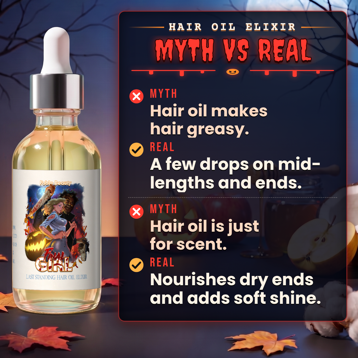 Final Girl Hair Oil Elixir myth vs real education card, Fable Beauty