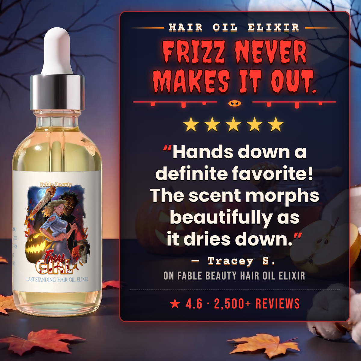 Final Girl Hair Oil Elixir 5-star customer review card, Fable Beauty
