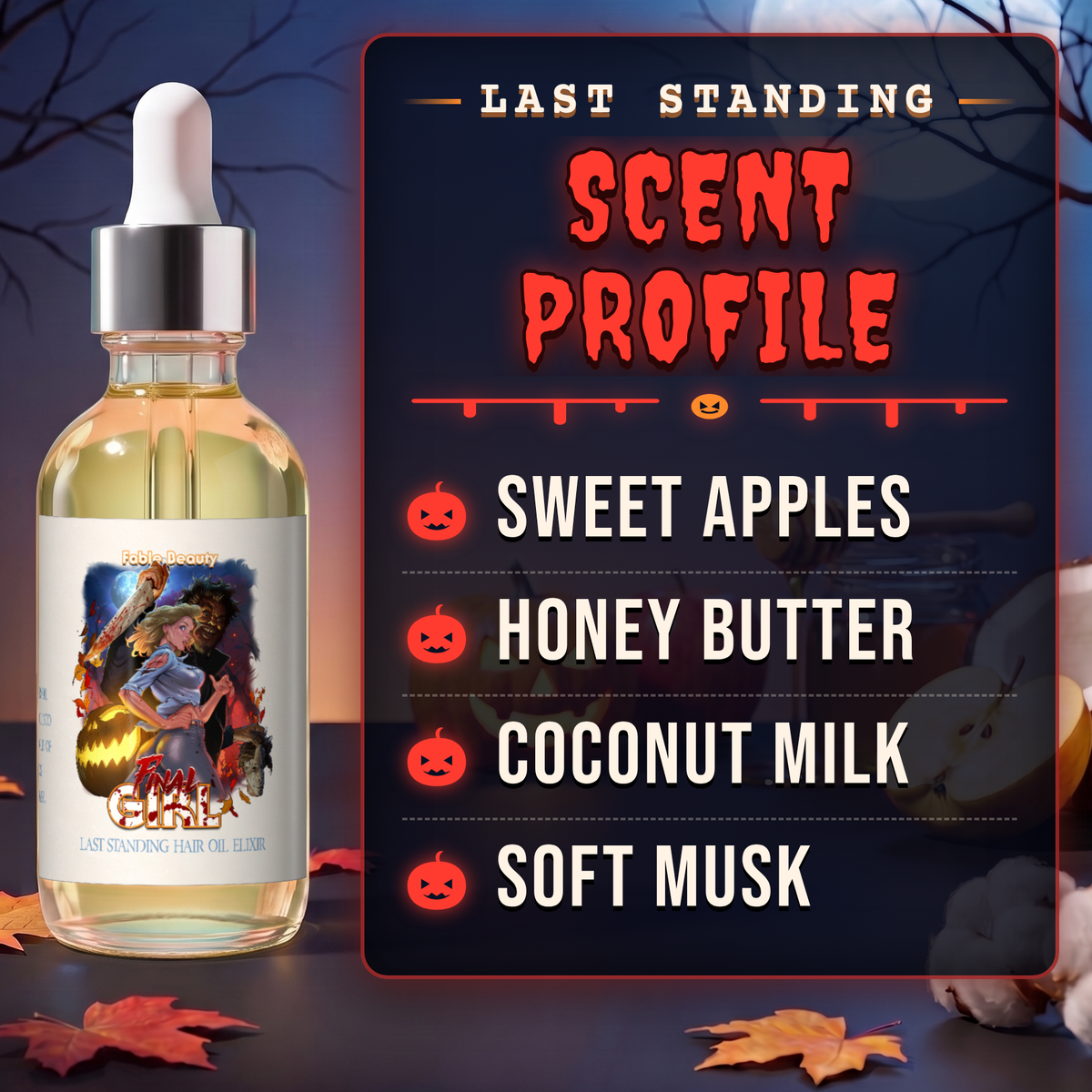 Final Girl Hair Oil Elixir scent profile card: Sweet Apples, Honey Butter and Coconut Milk, Fable Beauty