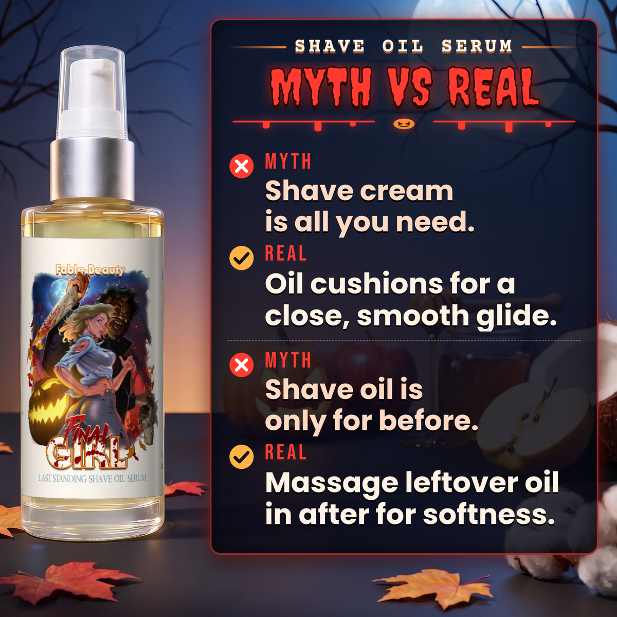 Final Girl Shave Oil Serum myth vs real education card, Fable Beauty