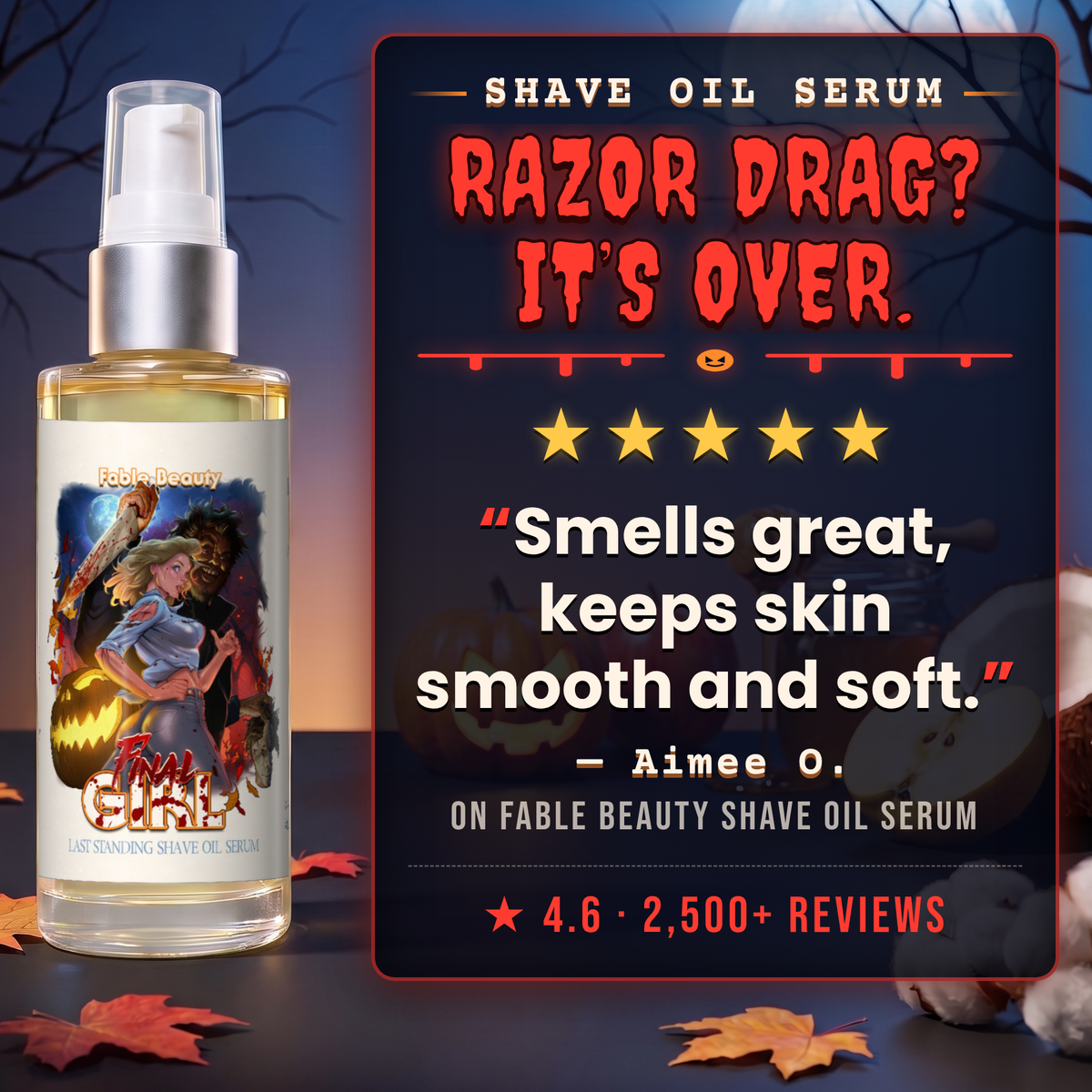 Final Girl Shave Oil Serum 5-star customer review card, Fable Beauty