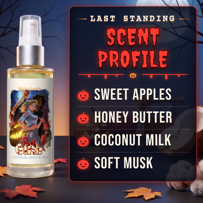 Final Girl Shave Oil Serum scent profile card: Sweet Apples, Honey Butter and Coconut Milk, Fable Beauty