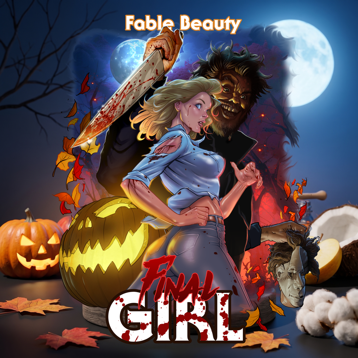 Final Girl character art – a blonde survivor in a torn denim shirt standing her ground as a knife-wielding killer looms behind her, with jack-o-lanterns, autumn leaves, coconut and a full moon, Fable Beauty