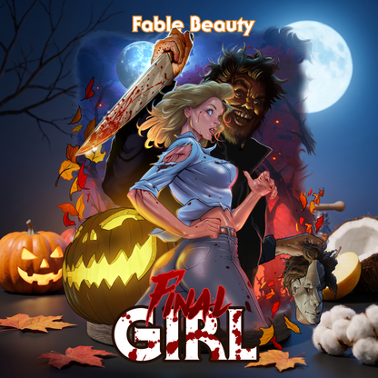 Final Girl character art – a blonde survivor in a torn denim shirt standing her ground as a knife-wielding killer looms behind her, with jack-o-lanterns, autumn leaves, coconut and a full moon, Fable Beauty