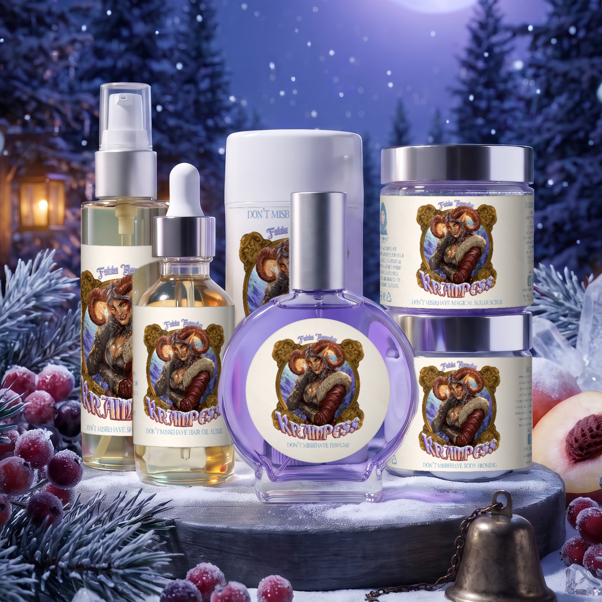 Krampess Beauty Box with perfume, body frosting, sugar scrub, hair oil, shave oil and deodorant in Dark Evergreens, Winter Berries, Icy Musk and Snow Covered Peaches scent, Fable Beauty