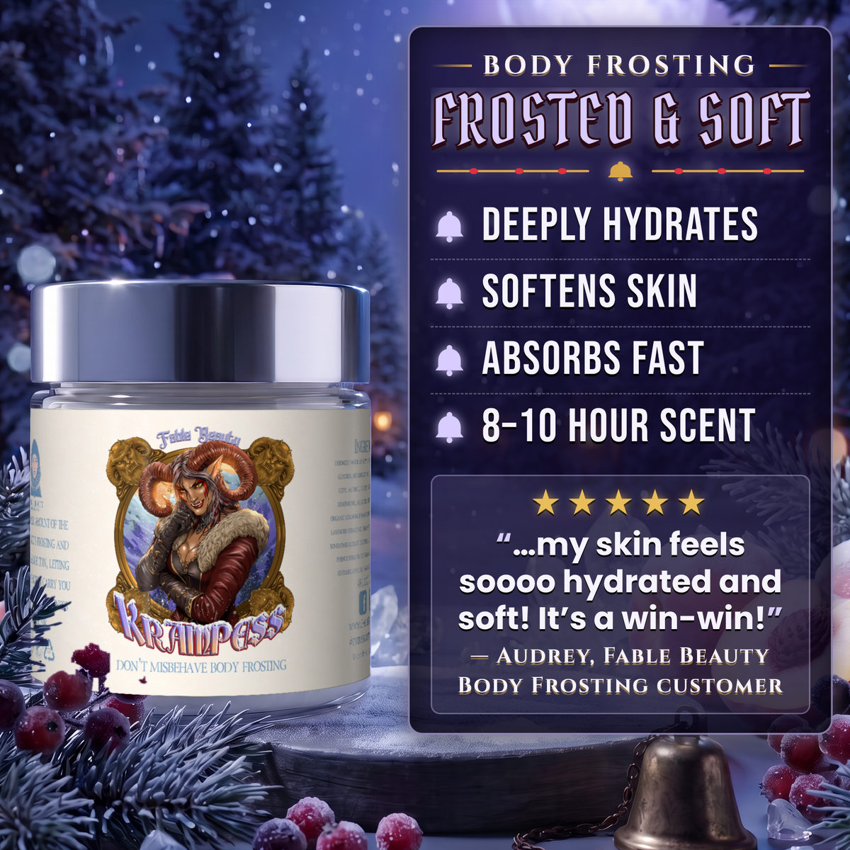 Krampess Body Frosting benefits infographic, Fable Beauty