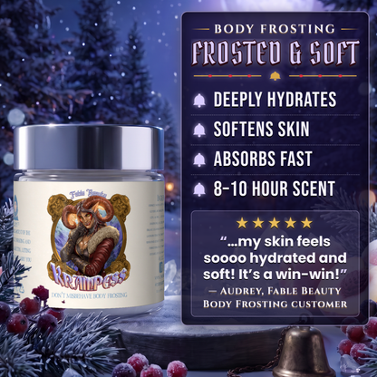 Krampess Body Frosting benefits infographic, Fable Beauty