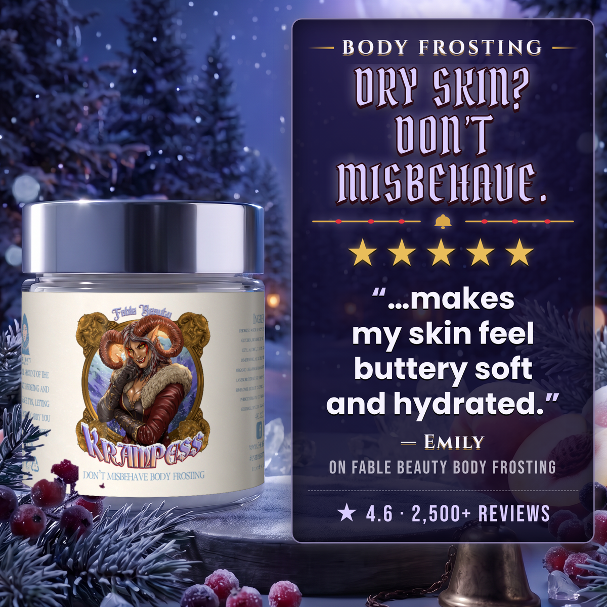 Krampess Body Frosting 5-star customer review card, Fable Beauty