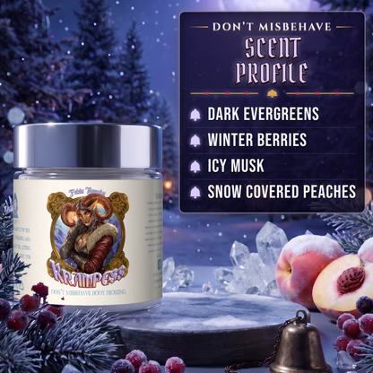 Krampess Body Frosting scent profile card: Dark Evergreens, Winter Berries, Icy Musk and Snow Covered Peaches, Fable Beauty