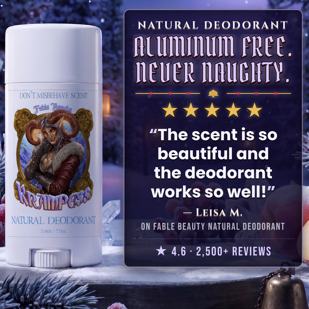 Krampess Natural Deodorant 5-star customer review card, Fable Beauty