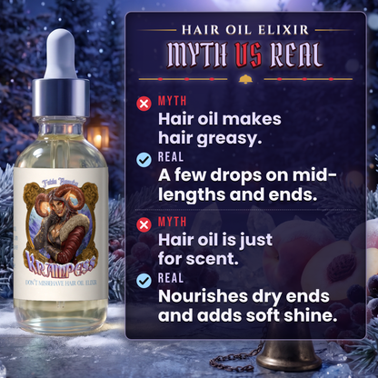 Krampess Hair Oil Elixir myth vs real education card, Fable Beauty