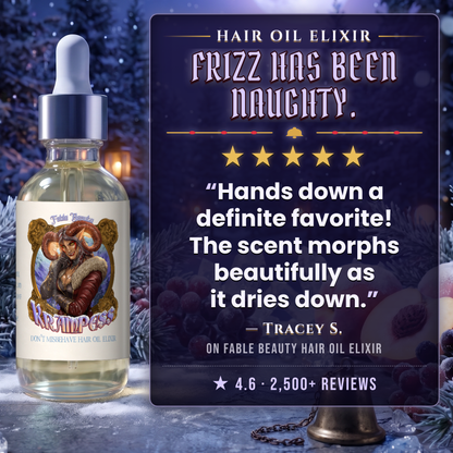 Krampess Hair Oil Elixir 5-star customer review card, Fable Beauty