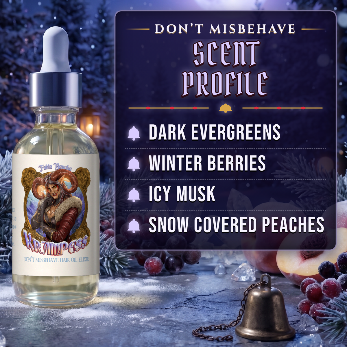 Krampess Hair Oil Elixir scent profile card: Dark Evergreens, Winter Berries, Icy Musk and Snow Covered Peaches, Fable Beauty