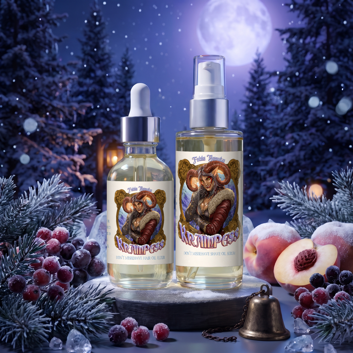 Krampess Razor and Radiance Duo, hair oil and shave oil in Dark Evergreens, Winter Berries, Icy Musk and Snow Covered Peaches scent, Fable Beauty