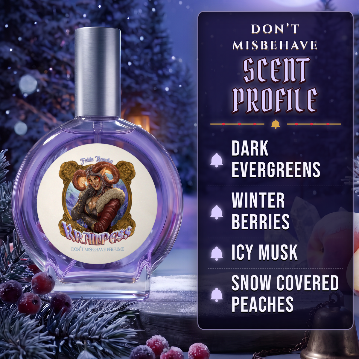 Krampess Perfume scent profile card: Dark Evergreens, Winter Berries, Icy Musk and Snow Covered Peaches, Fable Beauty