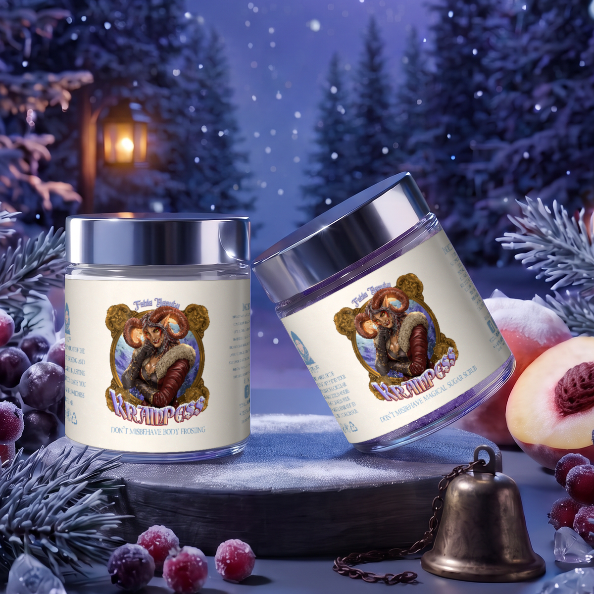 Krampess Polish & Pamper Duo, sugar scrub and body frosting in Dark Evergreens, Winter Berries, Icy Musk and Snow Covered Peaches scent, Fable Beauty