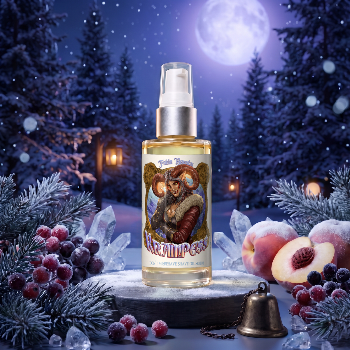 Krampess Shave Oil Serum in Dark Evergreens, Winter Berries, Icy Musk and Snow Covered Peaches scent, Fable Beauty