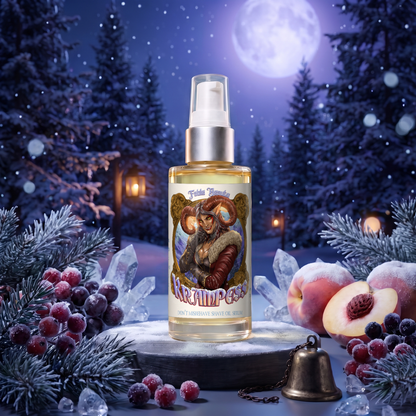 Krampess Shave Oil Serum in Dark Evergreens, Winter Berries, Icy Musk and Snow Covered Peaches scent, Fable Beauty