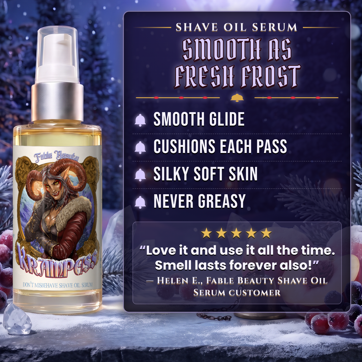 Krampess Shave Oil Serum benefits infographic, Fable Beauty