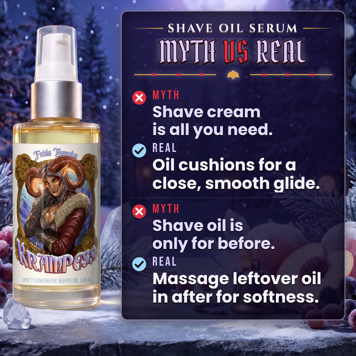 Krampess Shave Oil Serum myth vs real education card, Fable Beauty