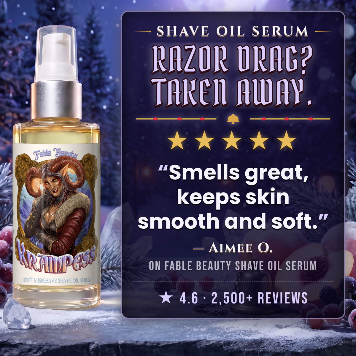 Krampess Shave Oil Serum 5-star customer review card, Fable Beauty