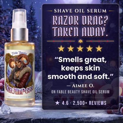 Krampess Shave Oil Serum 5-star customer review card, Fable Beauty