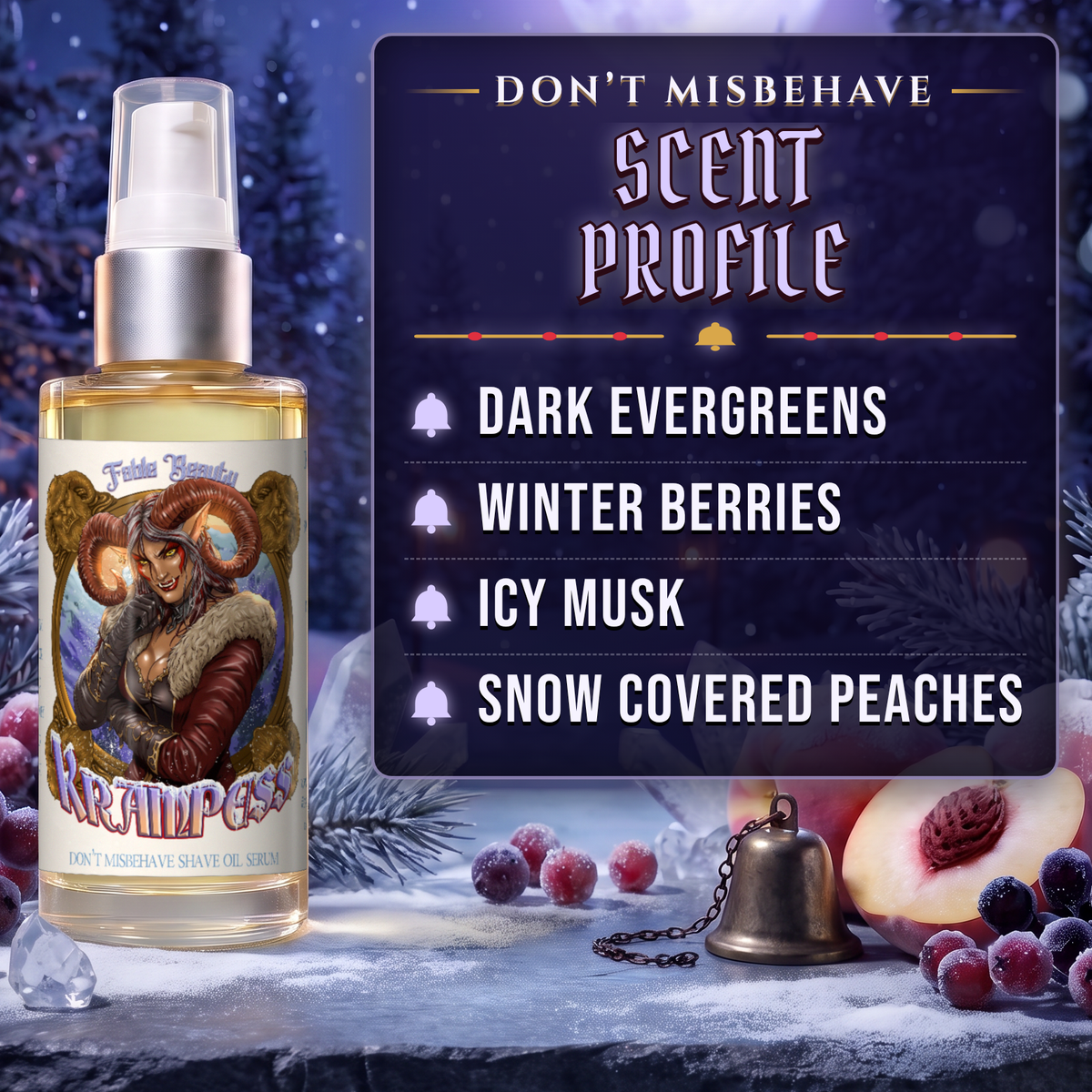 Krampess Shave Oil Serum scent profile card: Dark Evergreens, Winter Berries, Icy Musk and Snow Covered Peaches, Fable Beauty