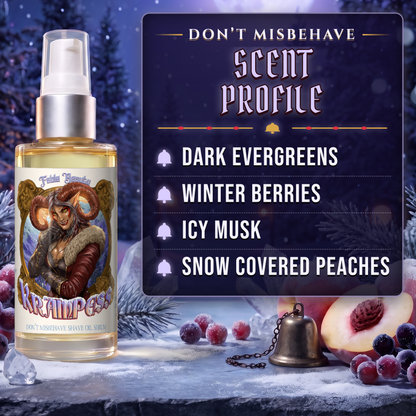 Krampess Shave Oil Serum scent profile card: Dark Evergreens, Winter Berries, Icy Musk and Snow Covered Peaches, Fable Beauty