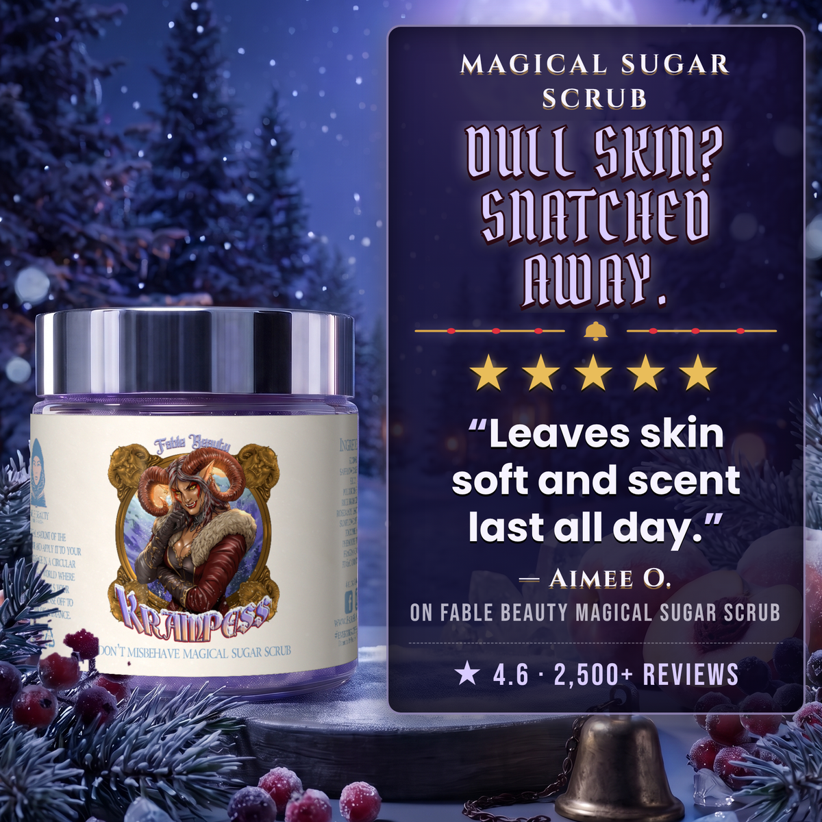 Krampess Magical Sugar Scrub 5-star customer review card, Fable Beauty