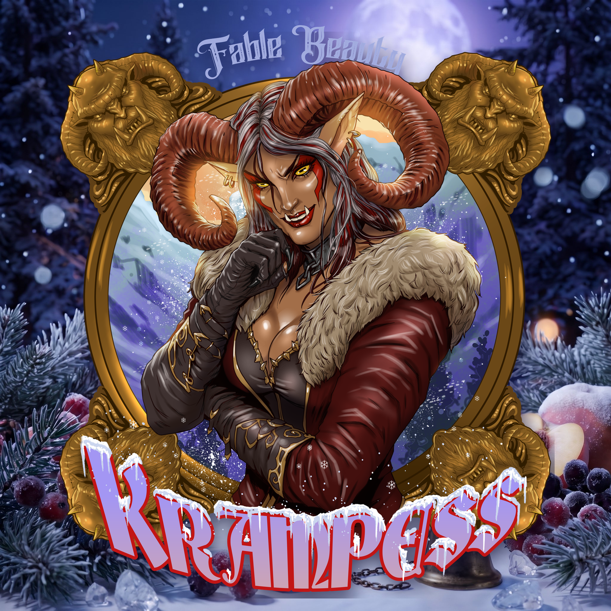 Krampess character art – a horned, fanged winter temptress in a fur-trimmed red coat framed in gold beneath a full moon, with snowy evergreens, winter berries and frosted peaches, Fable Beauty