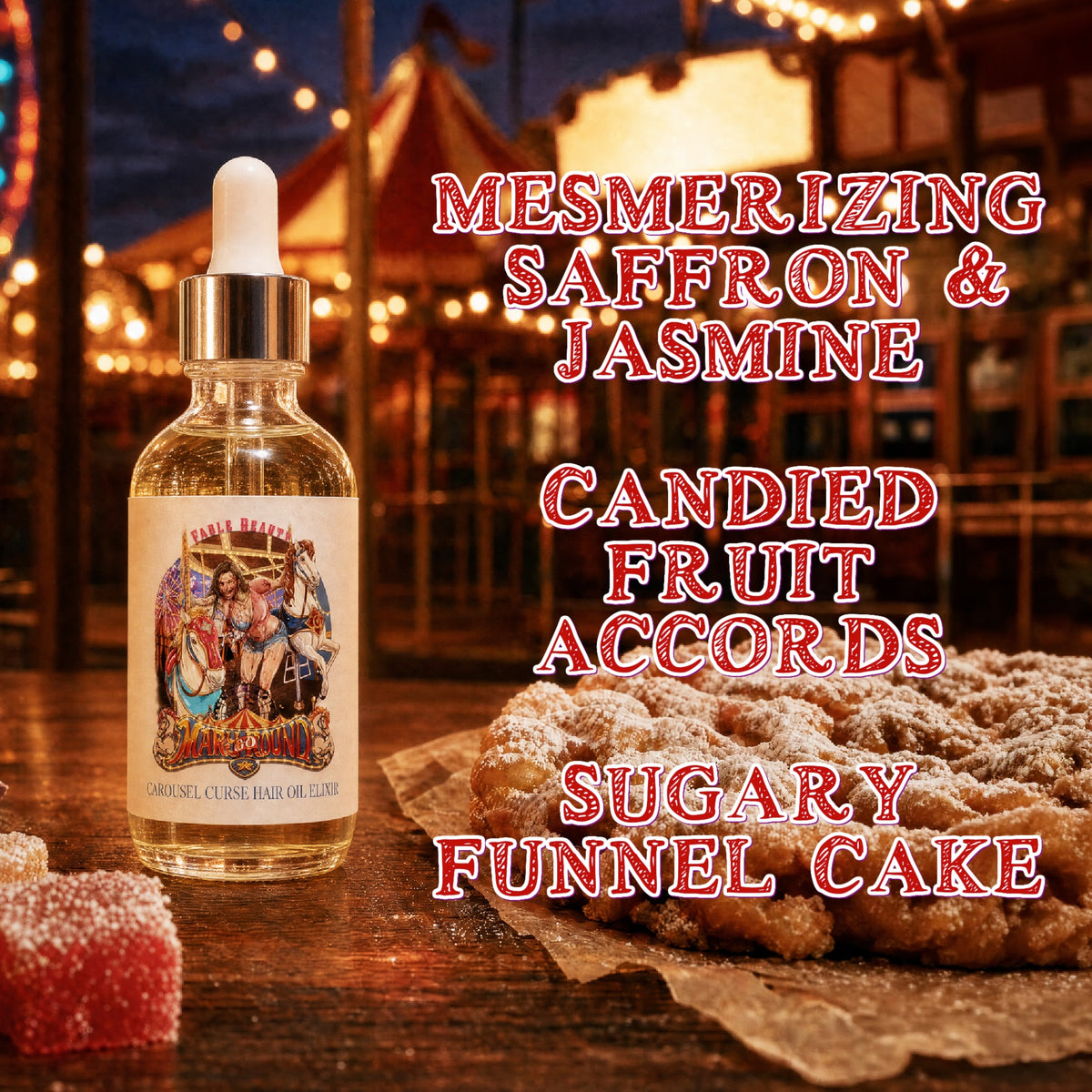 Mary Go Round - Hair Oil Elixir - Mesmerizing Saffron & Jasmine, Candied Fruit Accords, Sugary Funnel Cake