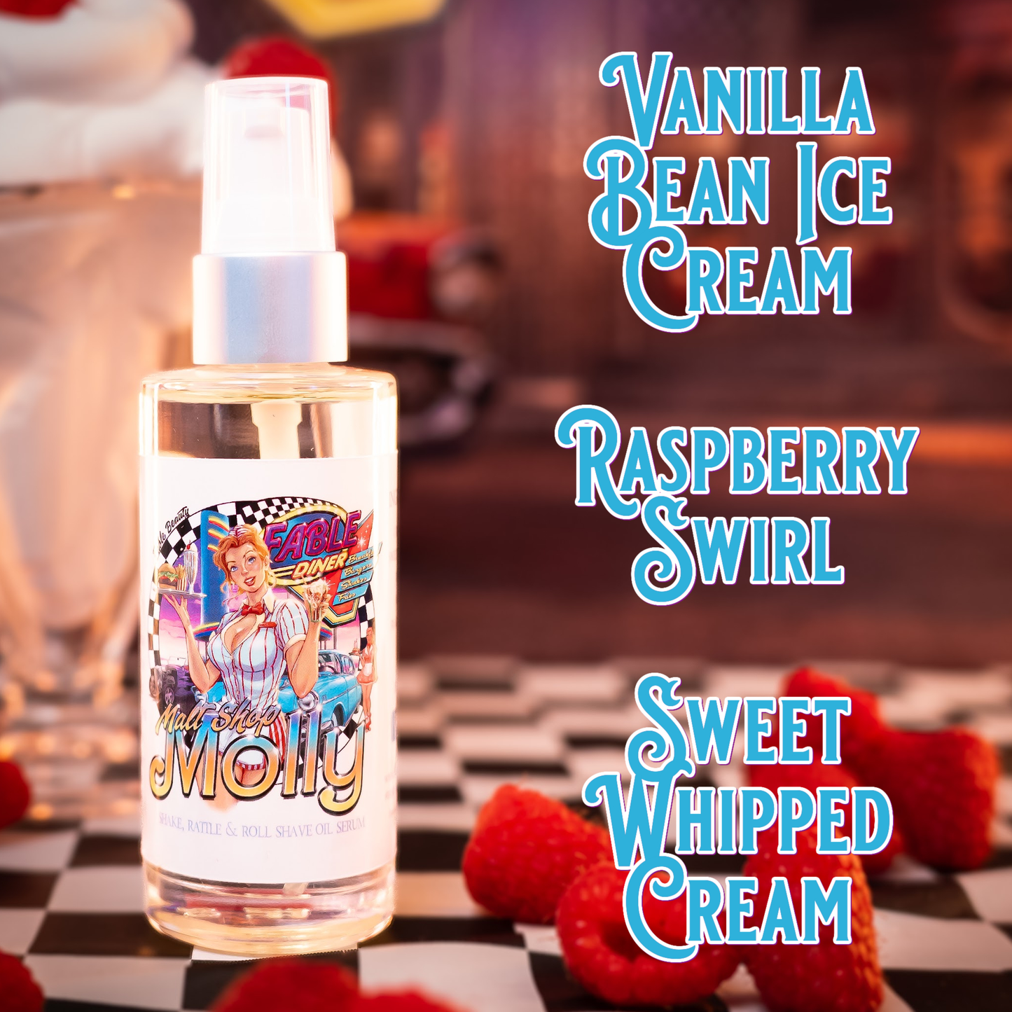 Malt Shop Molly - Shave Oil Serum - Vanilla Bean Ice Cream, Raspberry Swirl, Sweet Whipped Cream