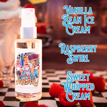 Malt Shop Molly - Shave Oil Serum - Vanilla Bean Ice Cream, Raspberry Swirl, Sweet Whipped Cream