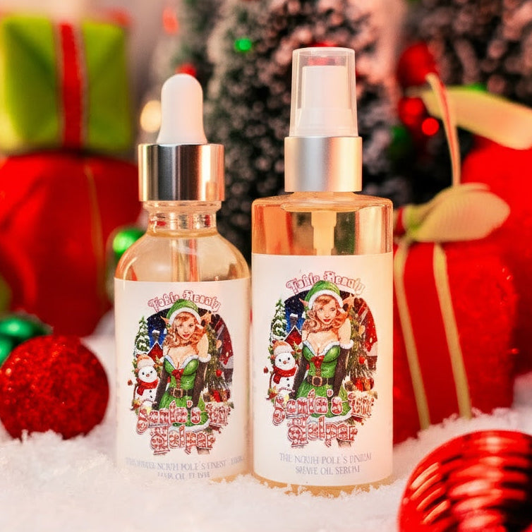 Two skincare bottles with Christmas-themed labels against a festive background with decorations and presents.