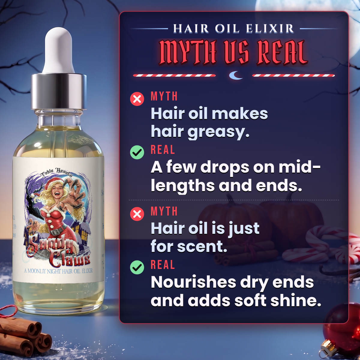 Sandy Claws - Hair Oil Elixir - Warm Pumpkin Spice, Creamy Peppermint, Cozy Warm Vanilla