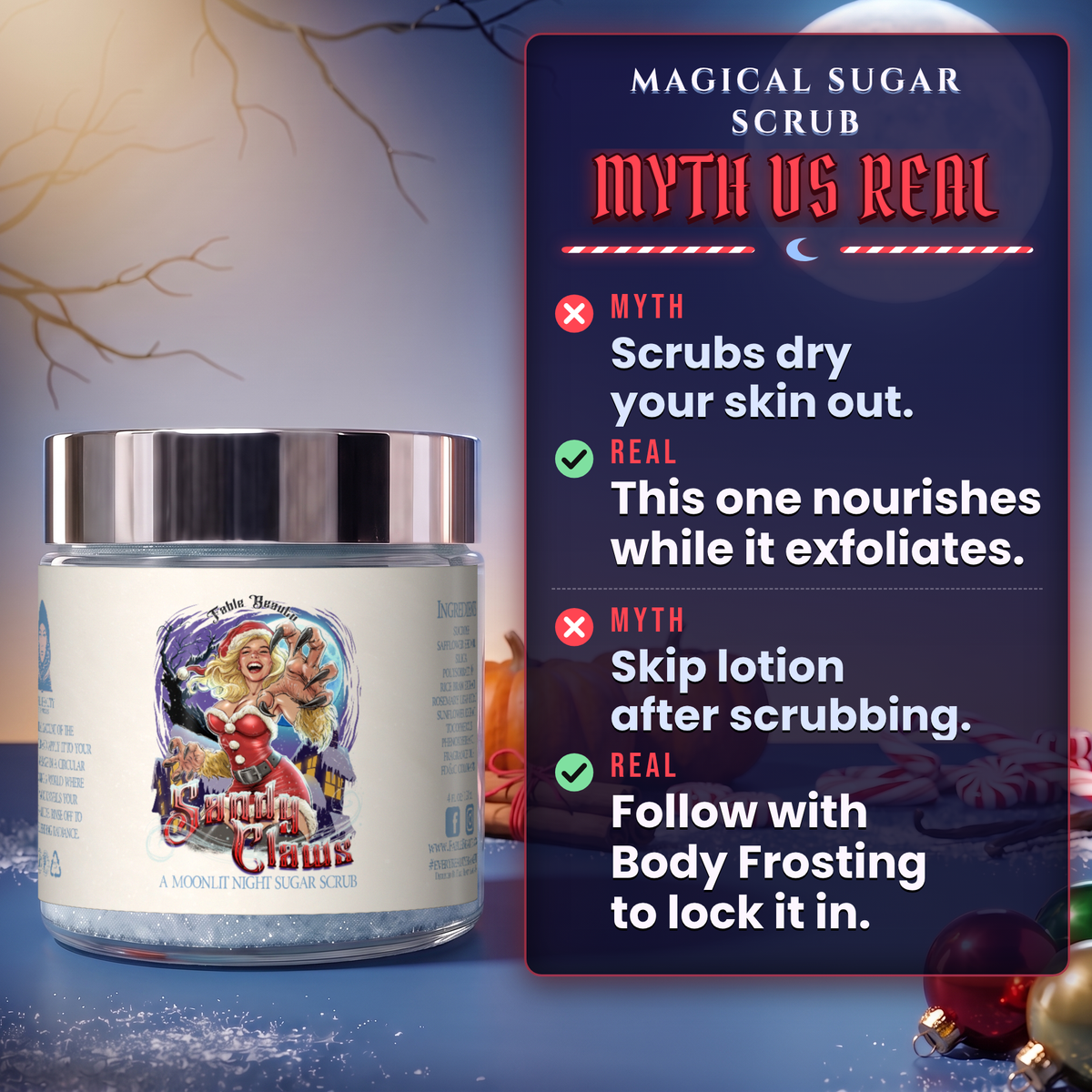Sandy Claws - Magical Sugar Scrub - Warm Pumpkin Spice, Creamy Peppermint, Cozy Warm Vanilla