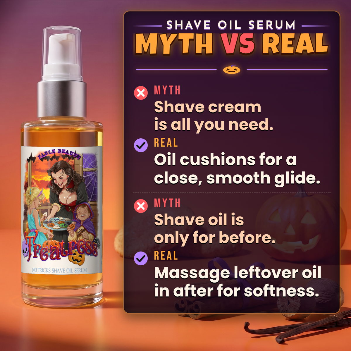 Treatress - Shave Oil Serum - Cinnamon Sugar Cookies, Vanilla Extract, Warm Nutmeg