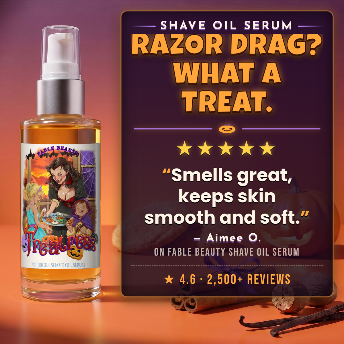 Treatress - Shave Oil Serum - Cinnamon Sugar Cookies, Vanilla Extract, Warm Nutmeg