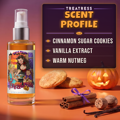 Treatress - Shave Oil Serum - Cinnamon Sugar Cookies, Vanilla Extract, Warm Nutmeg