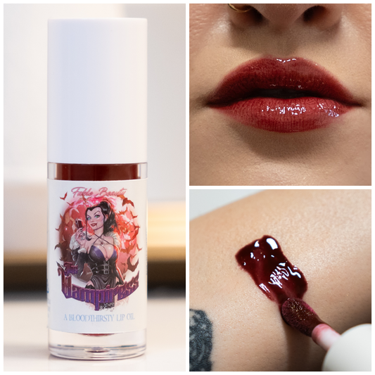 Collage of a lip oil bottle, lips with lip oil, and lip oil on skin.