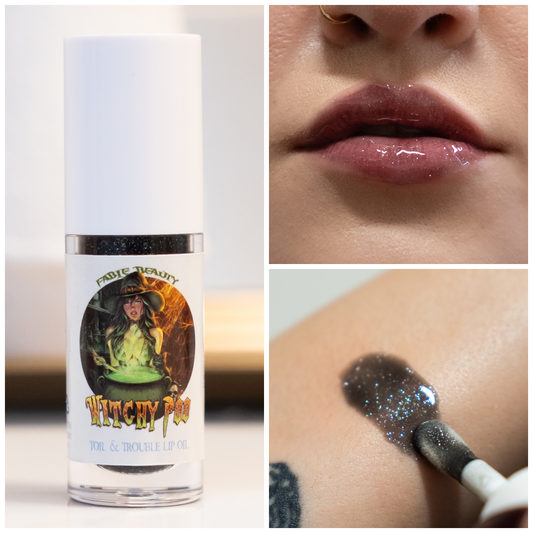 Collage of a bottle labeled 'Witchy Poo' with a close-up of lips, a brush with product, and a swatch on skin.